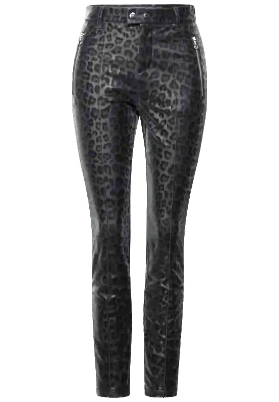 PANTALON STREET ONE STYLE YORK HW NEGRO SATINADO LEOPARDO